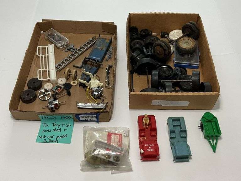 Vintage tin and pressed steel toy parts, slot car motors