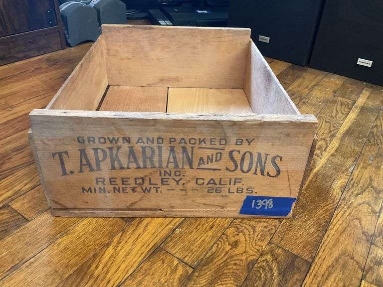 Two wooden advertising fruit crates