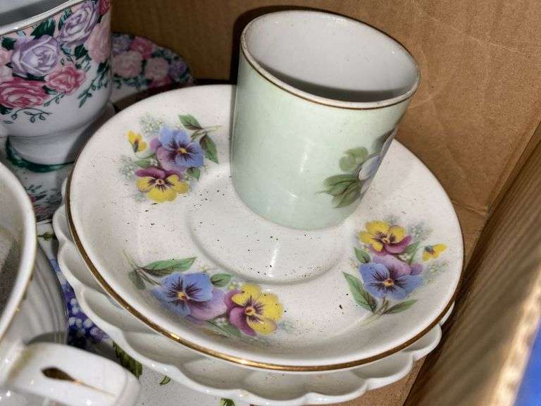 Floral decorated china cups & saucers, ceramic pitcher