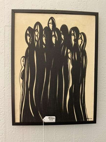 Painting, abstracted female figures in black, indistinct signature, framed 19 X 25