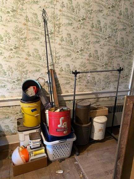 Garment rack, plasticware, tins, curtain rods, buckets, misc