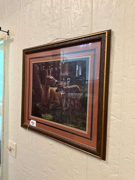 CS Forest print, doe and fawn, framed 23x27