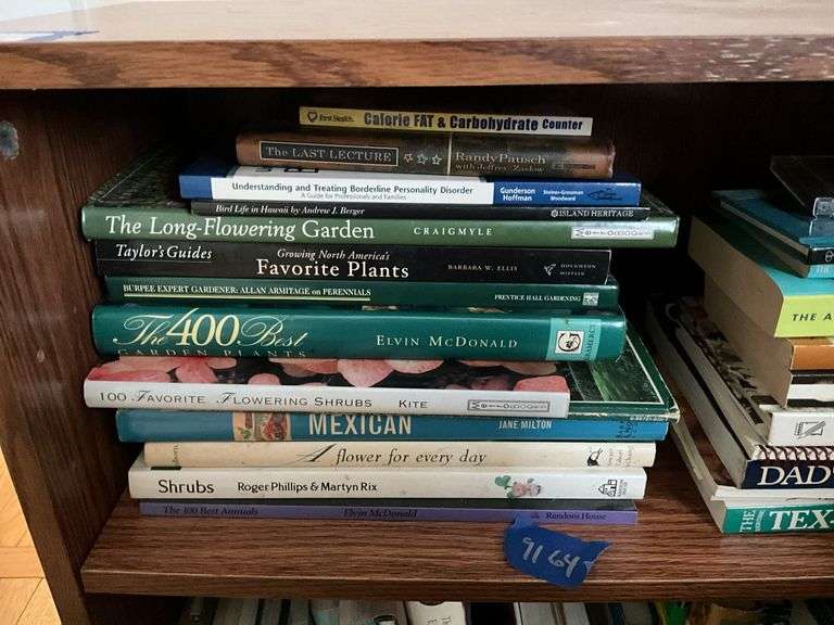 Bookcase and book contents: cookbooks, gardening, misc 28x12x28