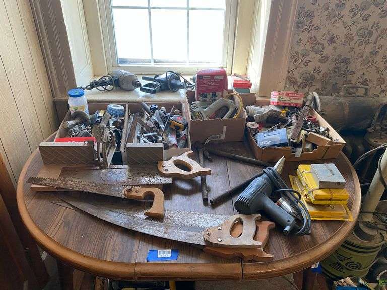Miter box, hand saws, large lot of hand and power tools, hardware