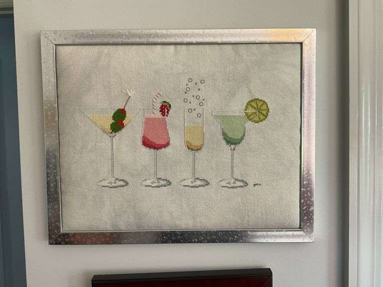 Cocktails cross stitch embroidery, framed 15 1/2 X 12
