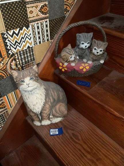 Printed cloth cat, and kittens in a basket resin figurine