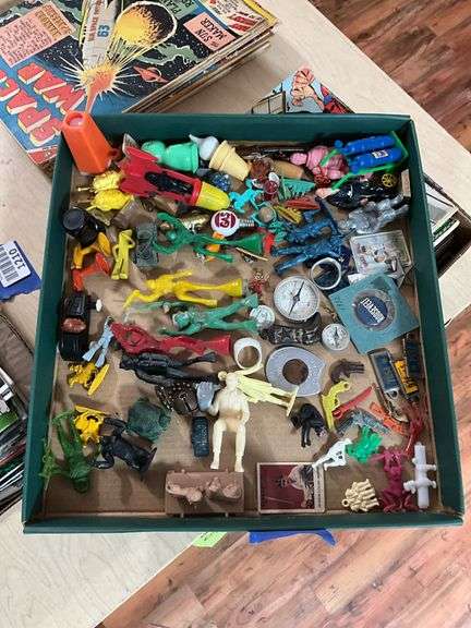 Collectibles lot: toy figures, trinkets, lucky penny, cracker jack, cereals premiums