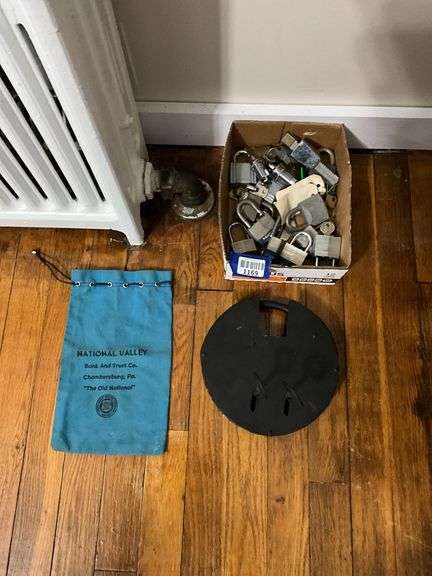 Oversized padlock, box of locks, Chambersburg bank bag