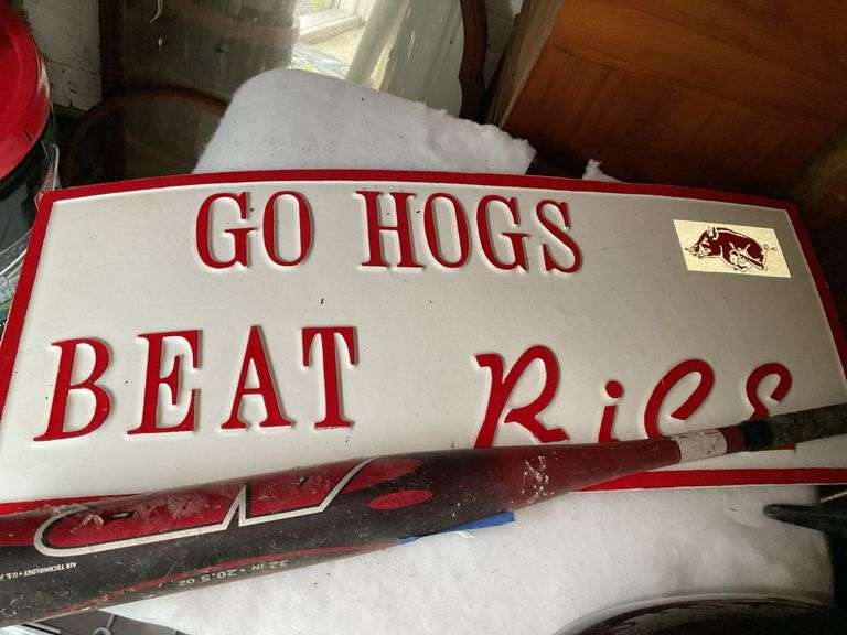 Pro-Tec skate helmet, GO HOGS sign, Louisville Slugger TPX baseball bat