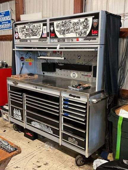 Snap-on Harley Davidson toolbox, includes work center and overhead cabinets, no contents, 82 X 73 X 29, ***Must come during the last 2 hours of scheduled pickup to get this item.