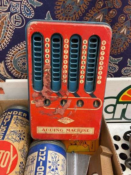 Litho tin adding machine, Tinkertoys, PA plaque, toy rocket, misc