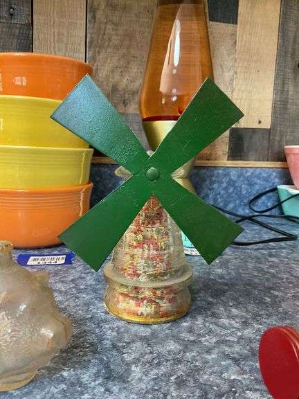 Glass piggy bank and four figural glass candy containers - note damage to barrel wagon