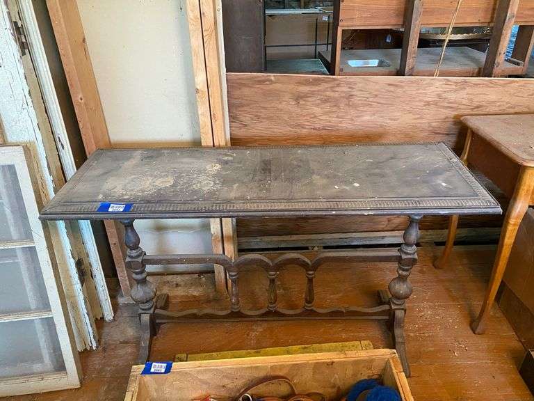 Double pedestal library table w/ carved top edge, spindled stretcher 48x17x30