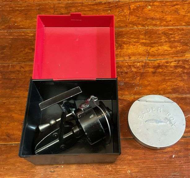 Mitchell fishing reel in box, fly fishing leader box