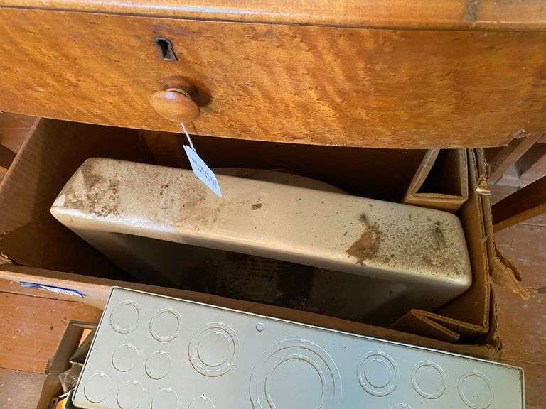 Electric panel box, vintage porcelain bathroom accessories, light bulbs, misc