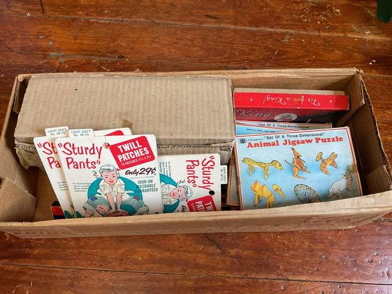 Vintage clothing patches, puzzles, safety pins, checkers set