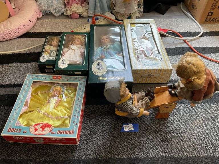 Vintage doll in box, collector dolls in boxes, dolls on see-saw