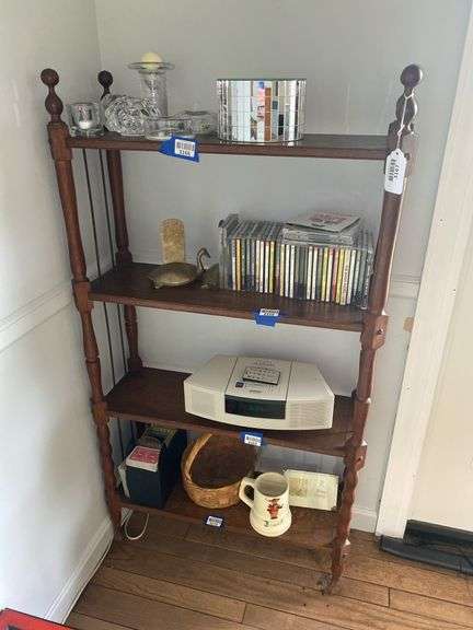 4-tier display shelf w/ turned legs - no contents 27x9.5x50, ***MUST COME NEAR END OF PICKUP WINDOW FOR THIS ITEM.