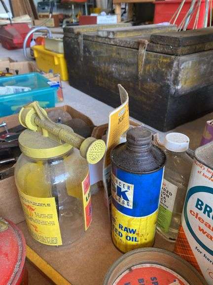 Safety gas can and vintage advertising tins, misc