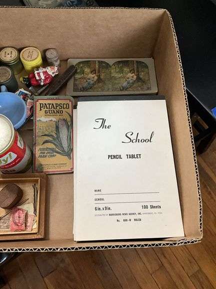 Collectibles lot: postcards, stereo cards, tablets, metal Santa, filmstrip canisters, misc