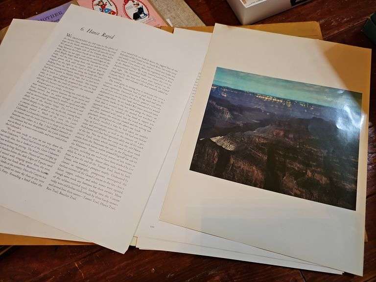 Scrapbook of vintage greeting cards, trade cards in album and box, Sierra Club Grand Canyon prints