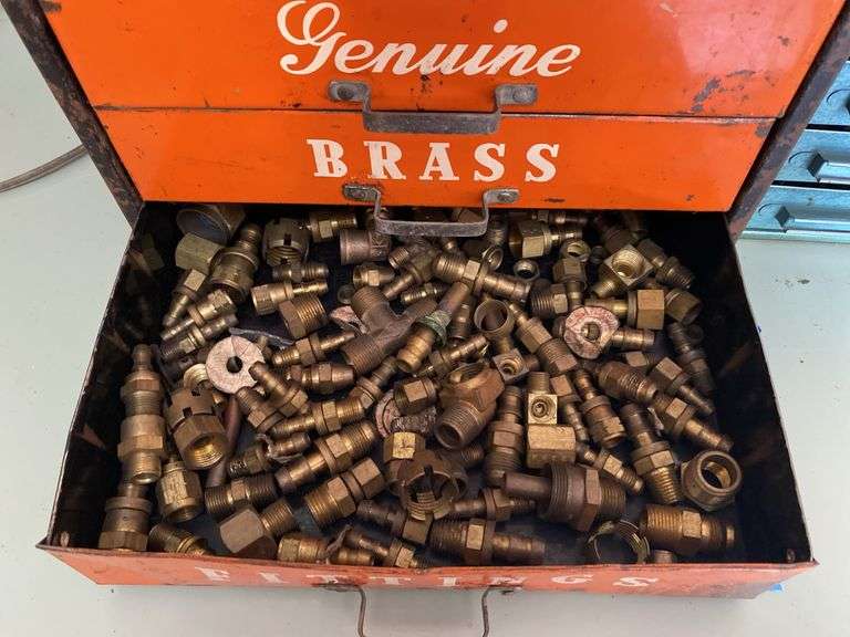 Vintage Imperial Brass Fittings advertising store cabinet w/ contents, and other cabinet w/ contents