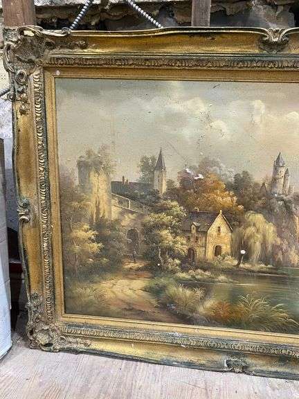 G. Closson painting, romantic landscape, framed 43x31