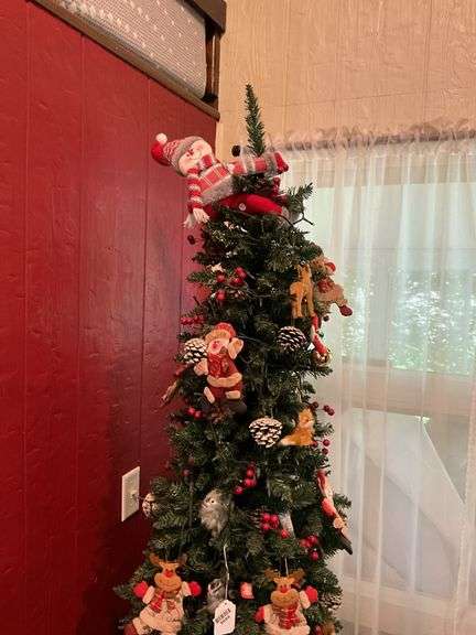 Slim faux Christmas tree w/ ornaments