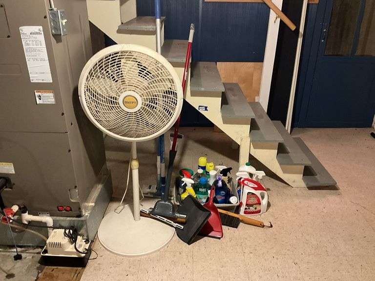 Lasso pedestal fan, cleaning supplies, mop, hand broom, dust pans