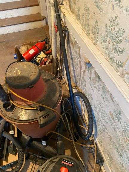 Two Craftsman shop vacs, fire extinguishers, package tape handle