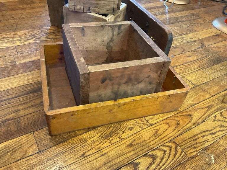 Wood and iron bracket shelf, and various wooden boxes