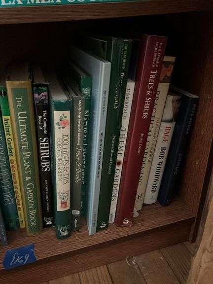 Bookcase and book contents: cookbooks, gardening, misc 28x12x28