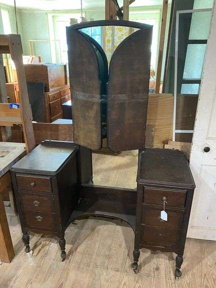 1920s vanity hinged triple mirrors, drop center section 48x18x68