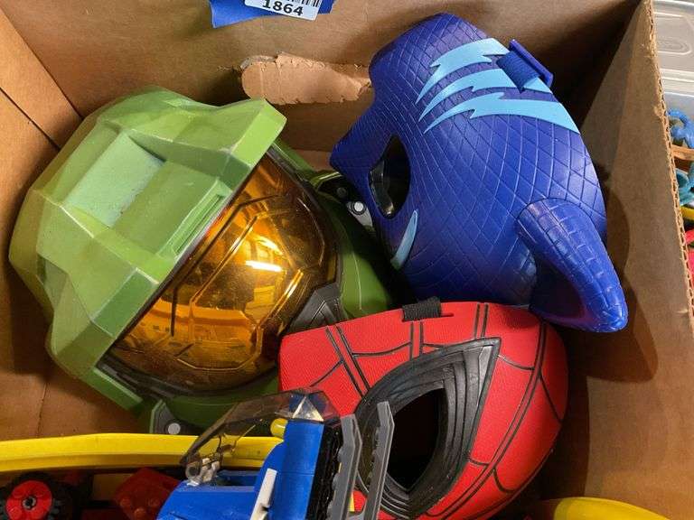 Cosplay Master Chief and Catboy masks, Spider-Man mask, Jurasic World helicopter, assorted toys