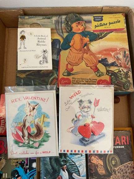 Collectibles lot: WWII puzzle, vintage Valentines, 8mm movies, vintage books including Batman & Little Big books