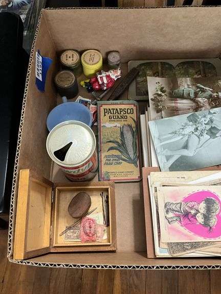 Collectibles lot: postcards, stereo cards, tablets, metal Santa, filmstrip canisters, misc