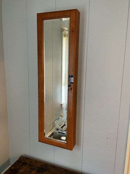 Wall mount jewelry armoire w/ beveled mirror door - bring tools for removal 15x4x48