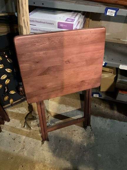 Four wooden folding snack tray tables