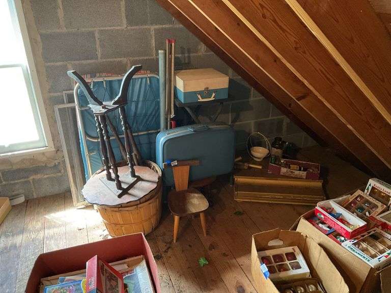 MCM child's chair, vintage luggage, record player, projector screen, toy piano, bottles, broken stand, misc