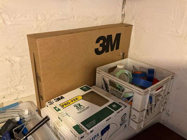 Ceramic tiles, wood bracket shelf, bungee cords, paint rollers, tape, misc