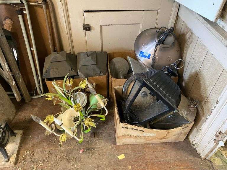 Vintage figural flower chandelier, cast iron hanging oil lamp, electric lanterns and light fixture