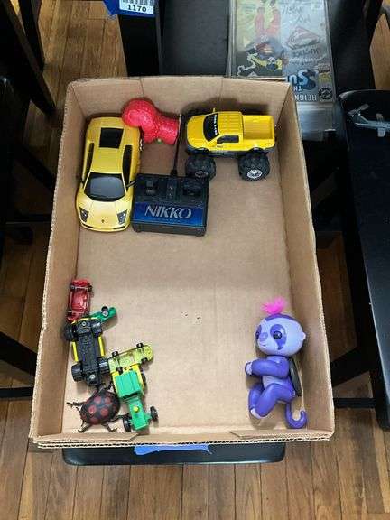 RC helicopter, monster trucks/cars, toy cars