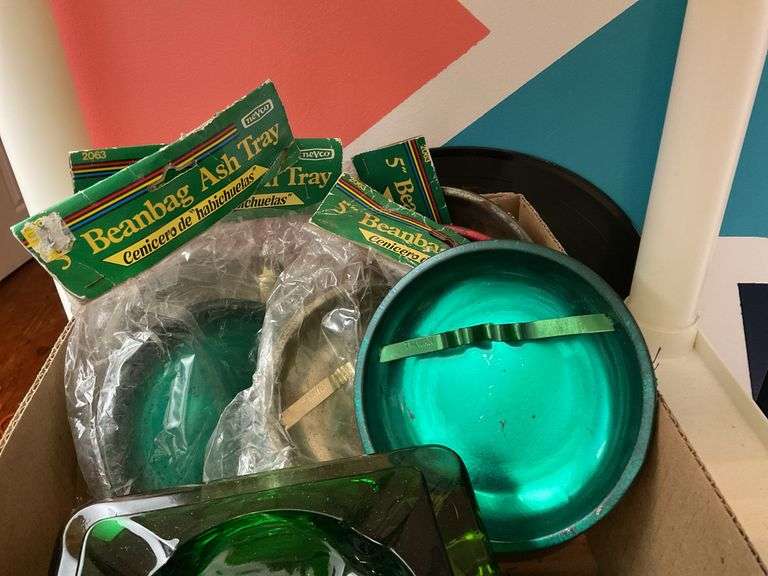 Vintage beanbag ashtrays in packages, green glass ashtrays