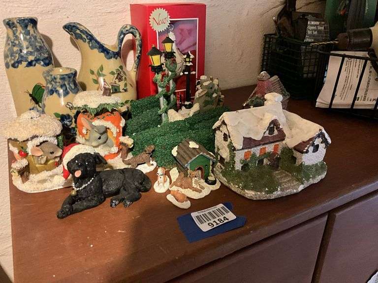 Cottage models, animal figurines, Christmas decor, blue spongeware