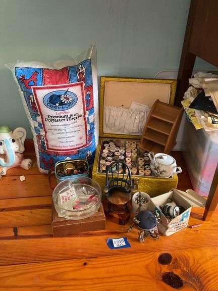 Sewing box w/ contents, thread, pin  cushions, button tin, fiber fill, gent's jewelry box w/ cufflinks, tie bars, mini Windsor chair, misc