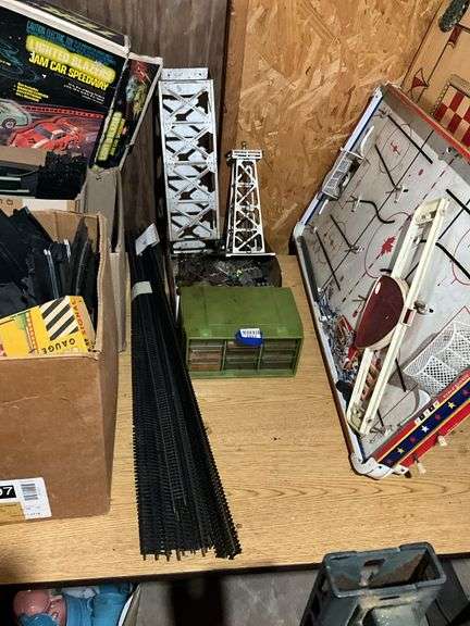 Train tower, bridge, track, parts drawer cabinet w/ contents