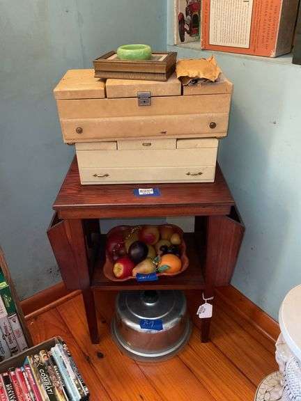 Two vintage jewelry boxes w/ costume jewelry, faux fruit, vintage cake keeper, misc - table not included
