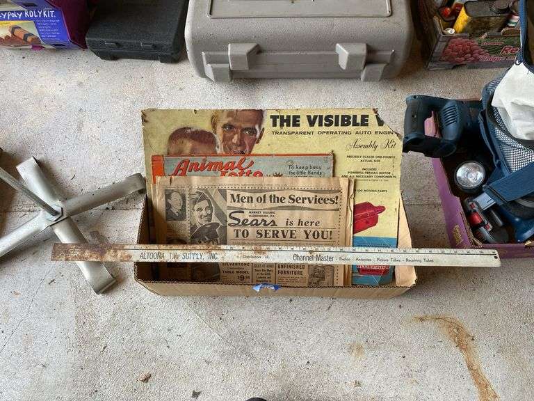Advertising rule, WWII newspaper, vintage toy box tops