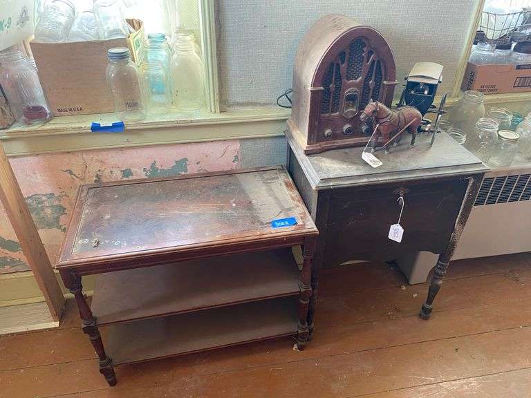 3-tier stand, 1920s end stand, GE cathedral radio, horse & buggy model30x17x24 and 23x16x30