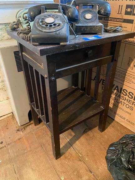 Arts & Crafts telephone stand and contents: vintage telephones including color and boxes 20x18x28